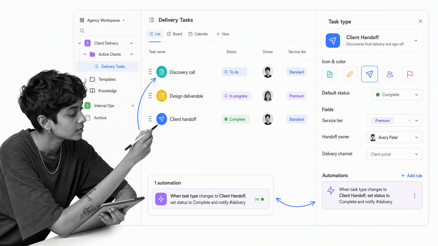 ClickUp custom task list with task types, custom fields, statuses, and an automation rule