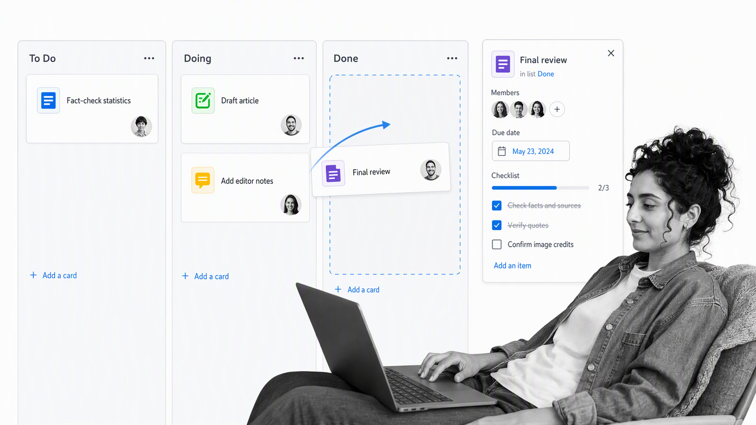 Trello Kanban board with To Do, Doing, and Done lists plus a detailed task card