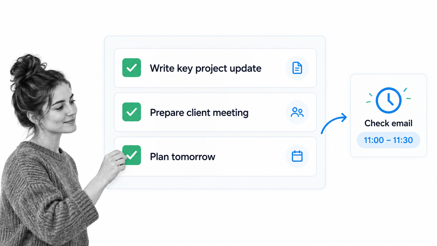 Simple daily to do list with three priority rows and a focused professional