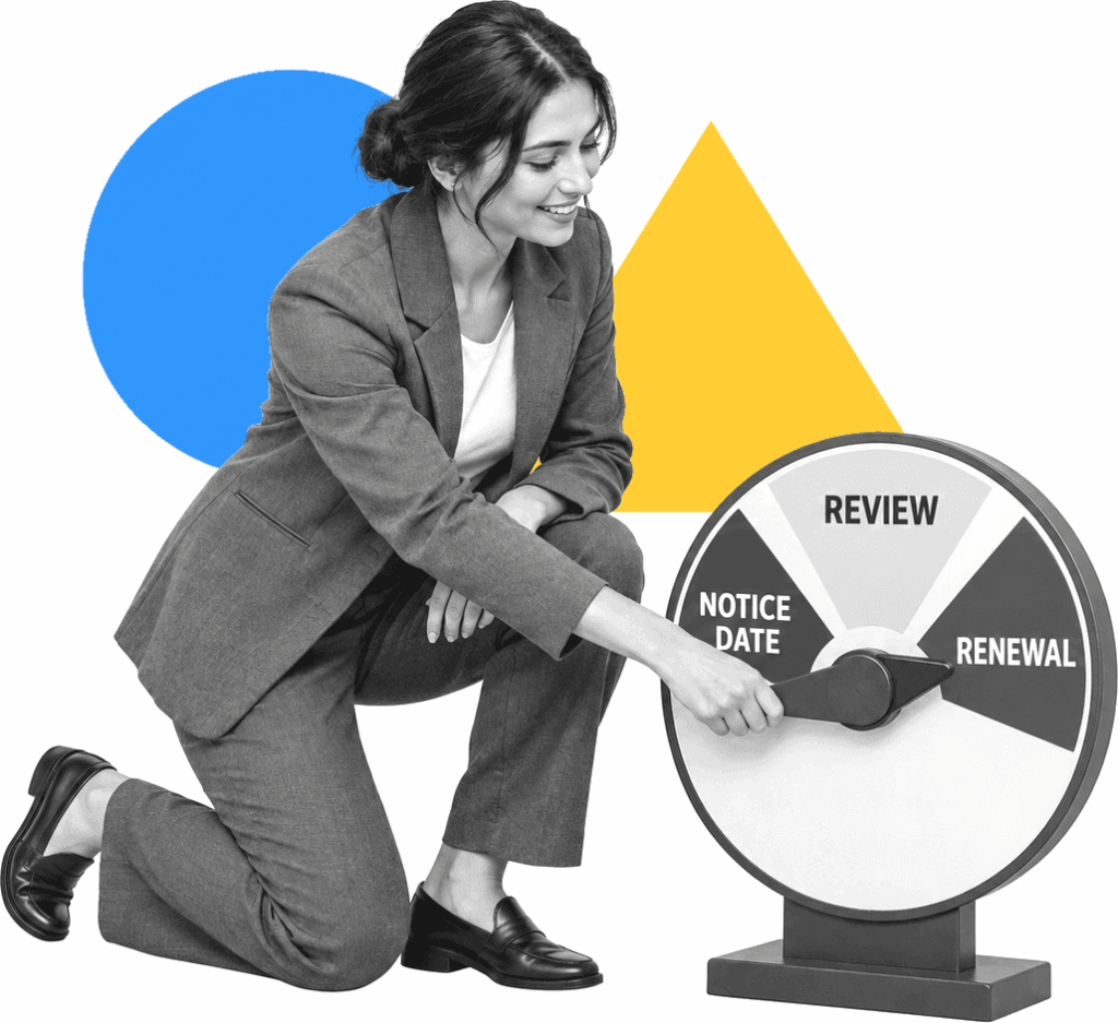 A legal operations lead adjusts a contract renewal dial with notice date, review, and renewal markers.