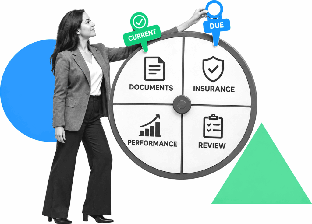A procurement manager rotates a vendor maintenance wheel through review, documents, insurance, and performance checkpoints.