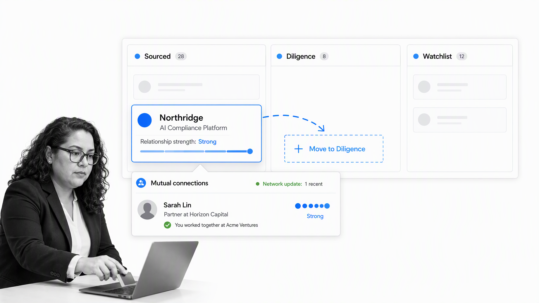 4Degrees-style venture capital CRM with sourcing stages, selected startup, relationship strength, and mutual connections
