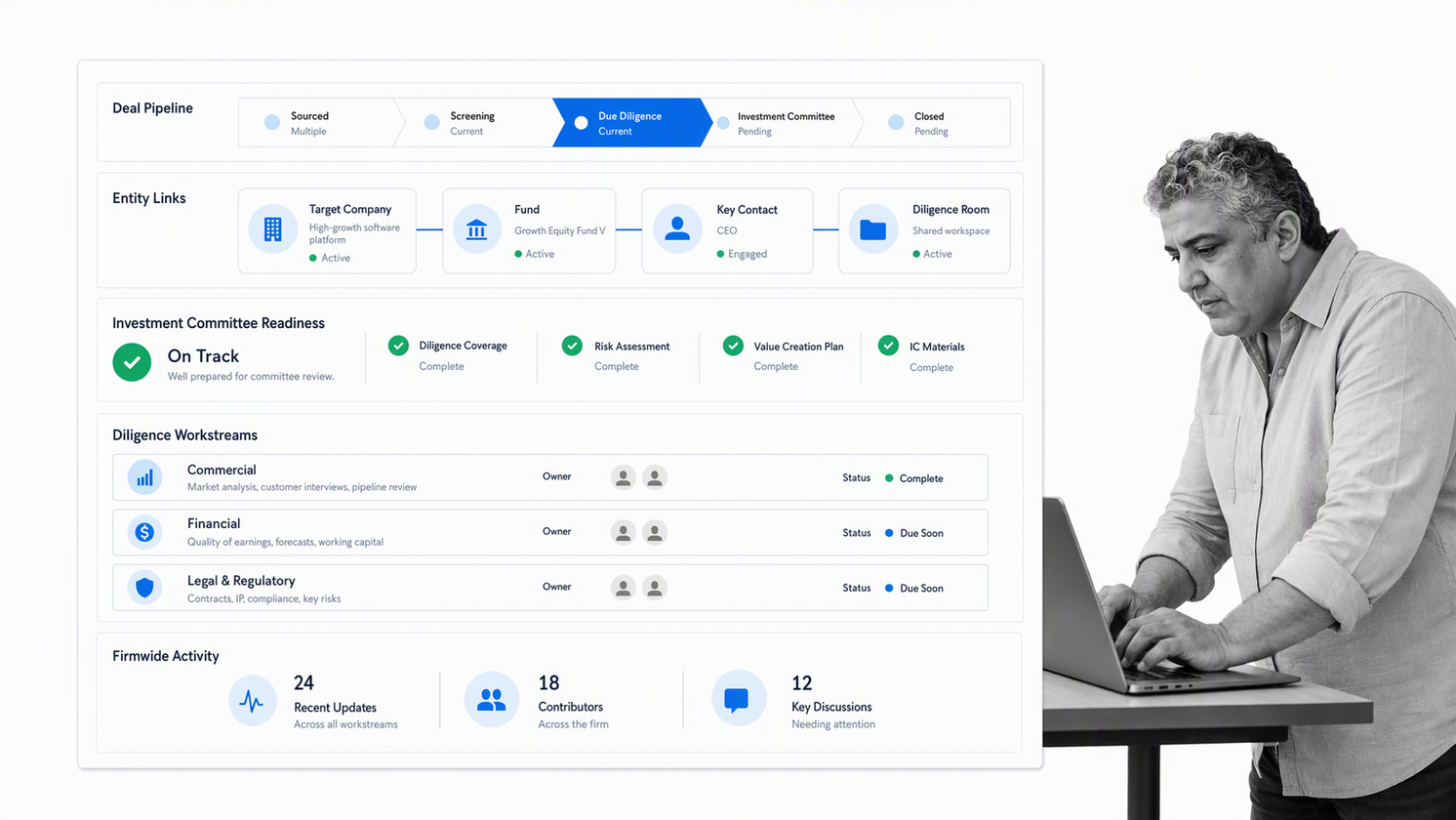 Intapp DealCloud-style private-capital dashboard with deal pipeline, diligence workstreams, and relationship intelligence