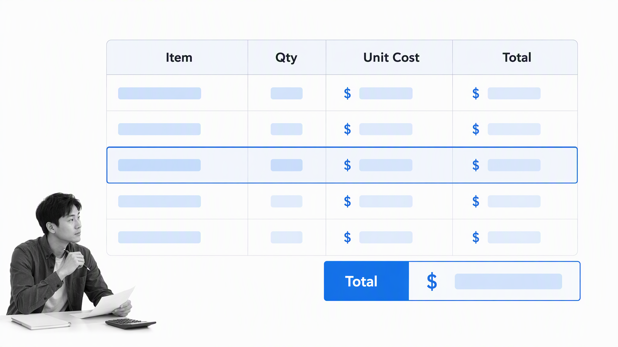 Editable job estimate table with item, quantity, unit cost, and total