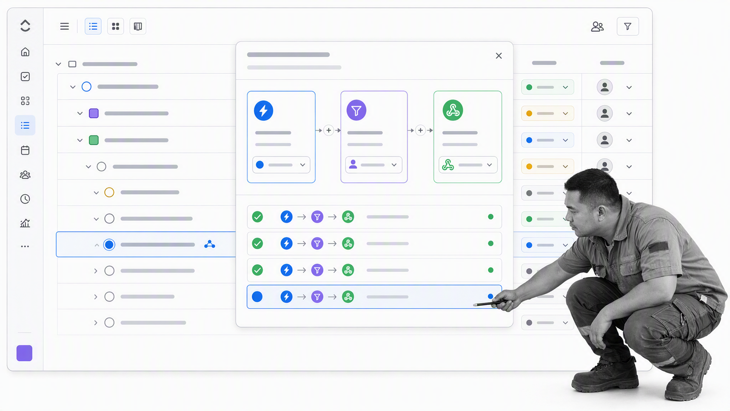 ClickUp task list with trigger, condition, webhook action, and automation log