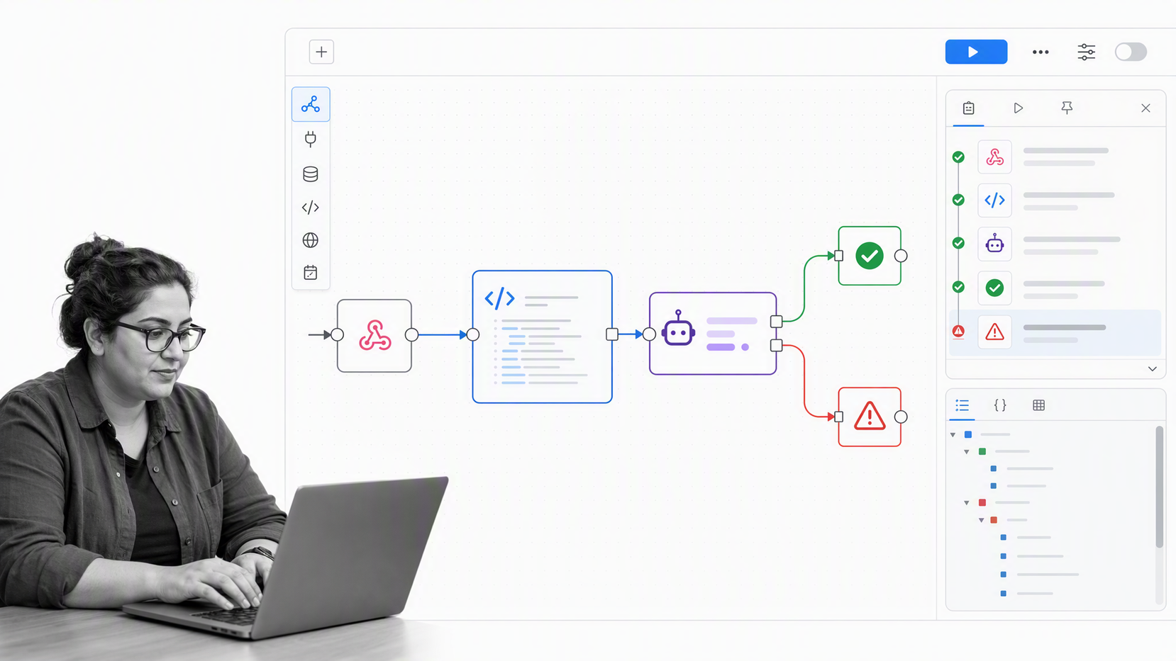 n8n node editor with webhook, code, AI, and error-handling workflow steps