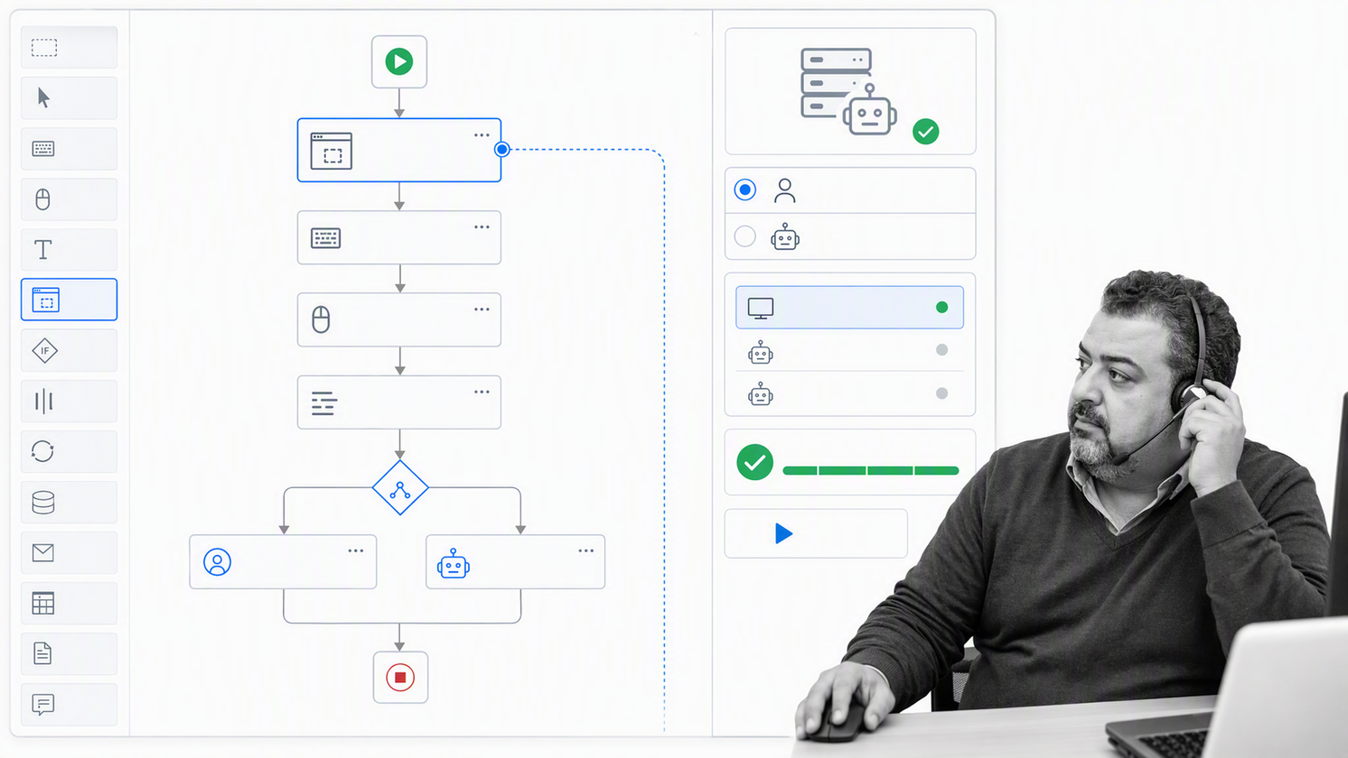 UiPath Studio flowchart with desktop automation activities and robot deployment pane