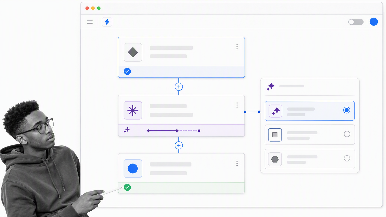 Zapier workflow builder with a trigger, AI-assisted step, and connected app actions