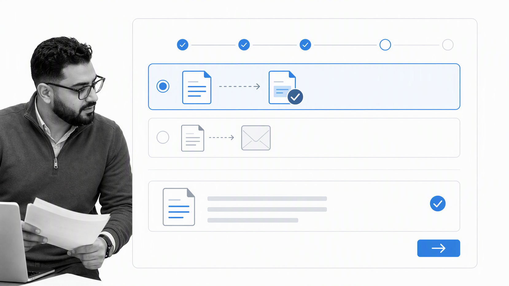 Document merge action selection