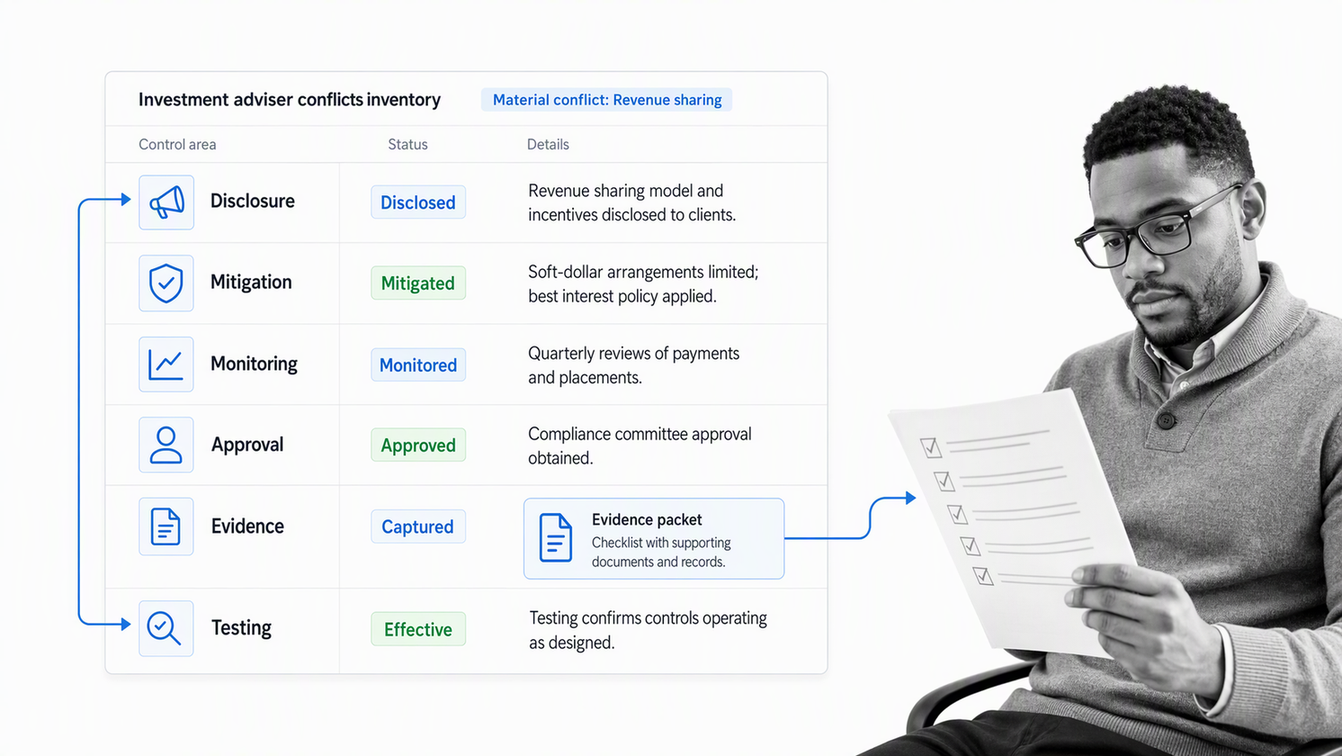 Investment adviser conflicts inventory showing disclosure, mitigation, monitoring, and testing