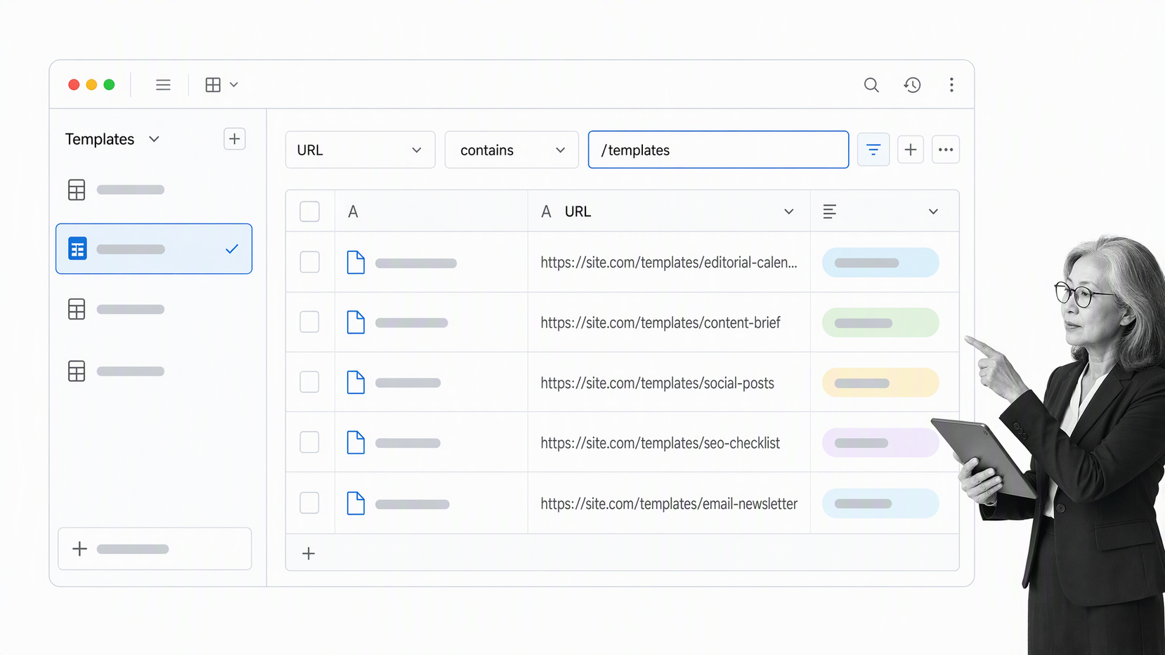 Saved templates view filtered by url