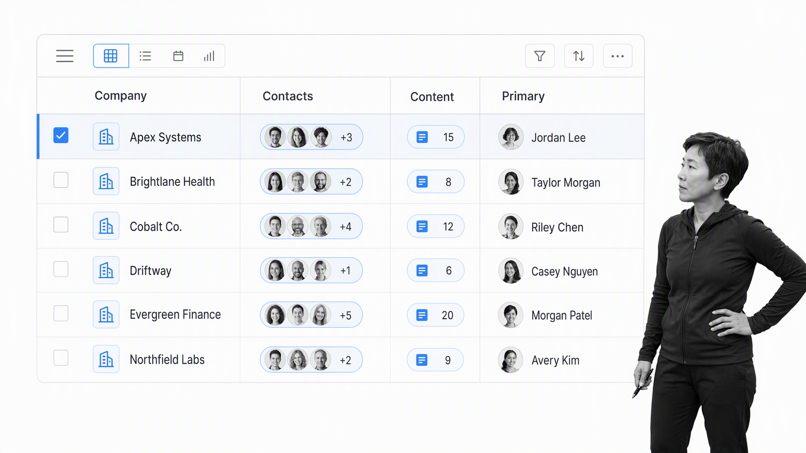 Company rows rolling up contacts and content