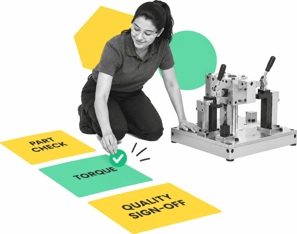 An assembly supervisor examines a guided sequence of labeled build and quality steps.
