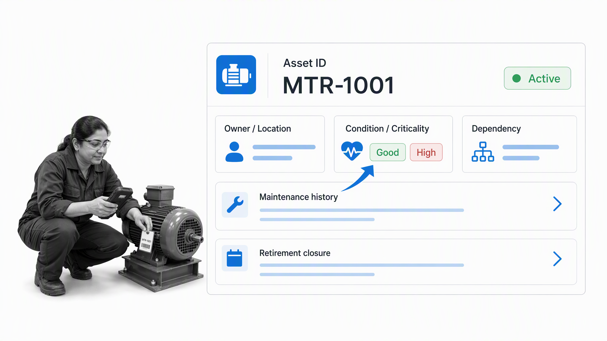 Asset register record connecting an equipment identifier with ownership, condition, maintenance, risk, and retirement fields