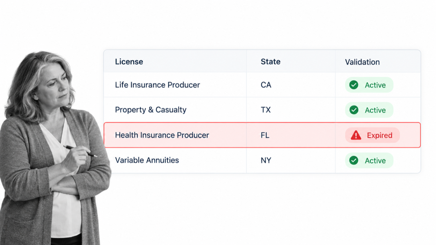 B and W insurance compliance analyst reviewing a license validation register