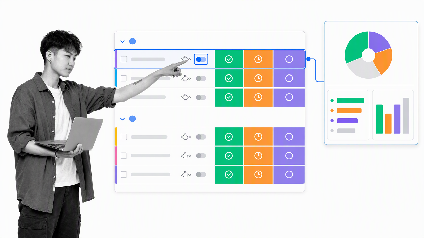 monday.com board with project status columns and dashboard summary