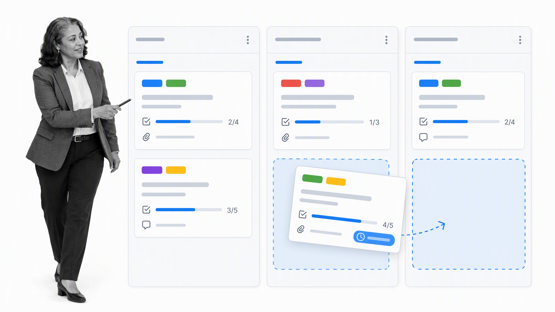 Trello board with cards moving through a simple project workflow