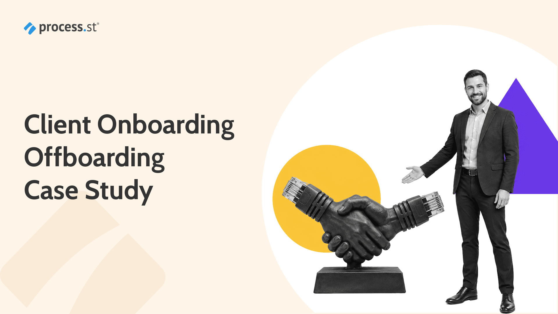 IT managed services leader presenting a network handshake for client onboarding and offboarding