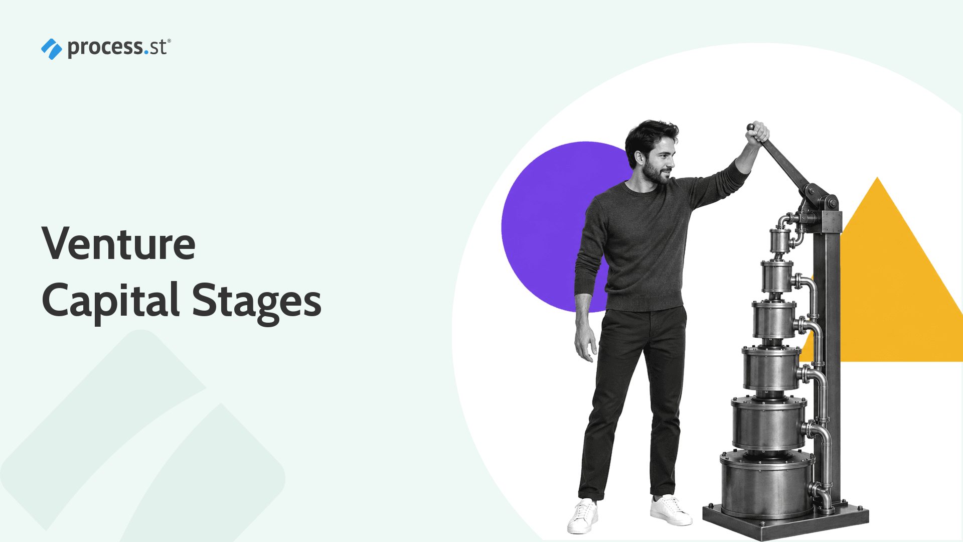 Venture capital stages represented by a founder operating a five-chamber funding press