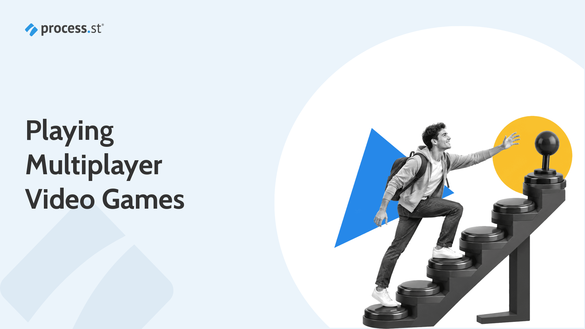 Gamer climbing arcade-button steps that represent growth through multiplayer practice