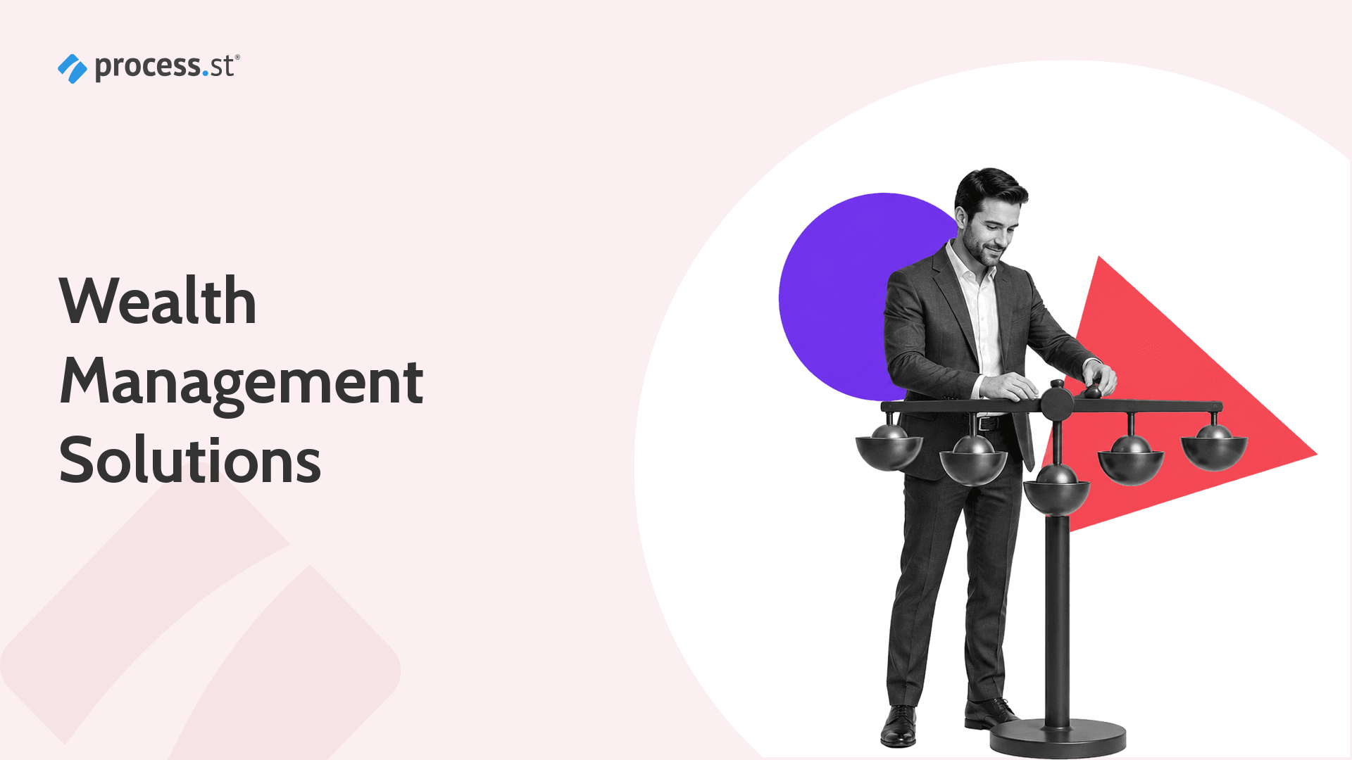 Wealth management solutions represented by an operations lead balancing a five-part portfolio allocation instrument