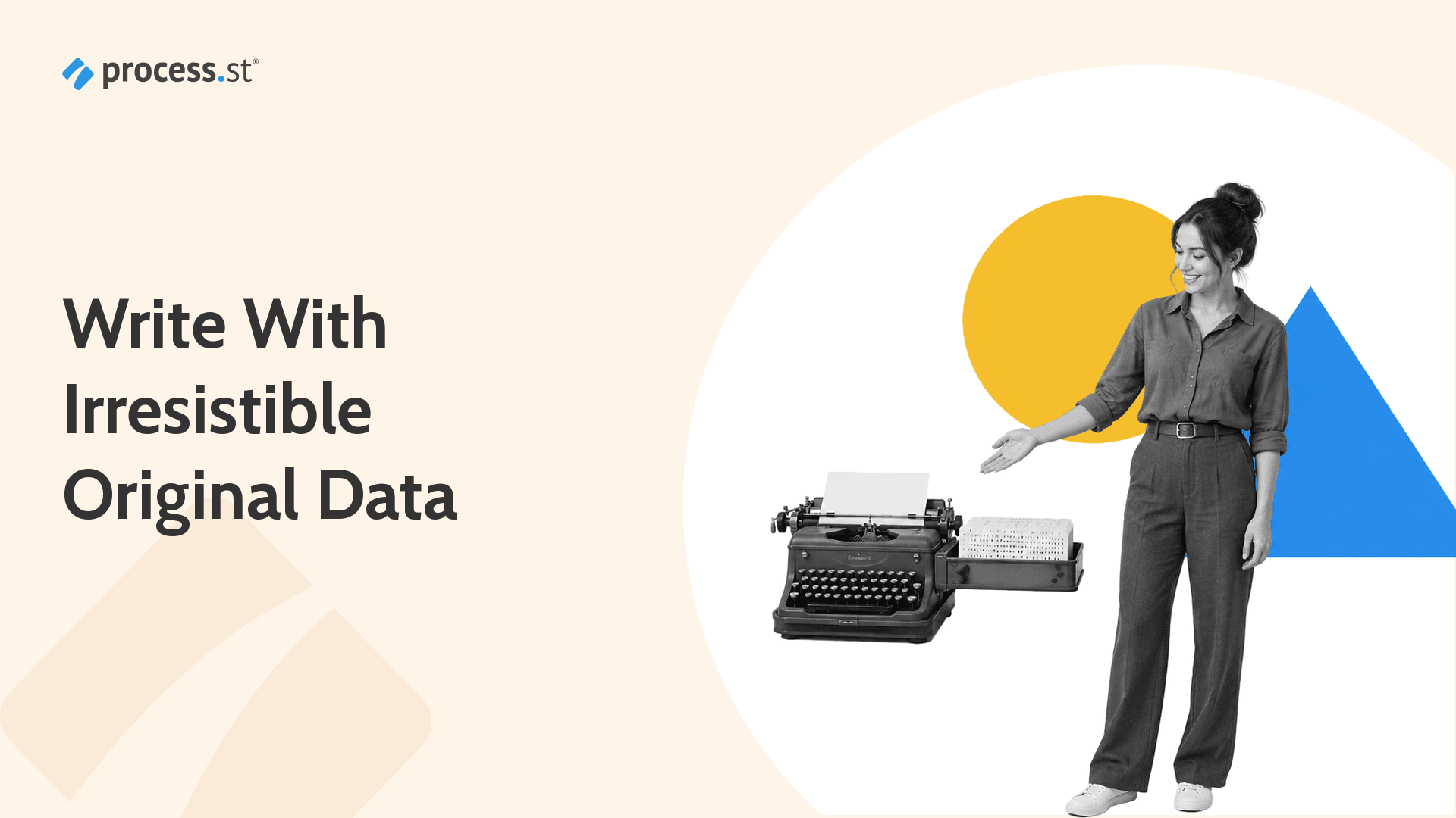 Writer presenting a typewriter and data-card system for creating an article with original research