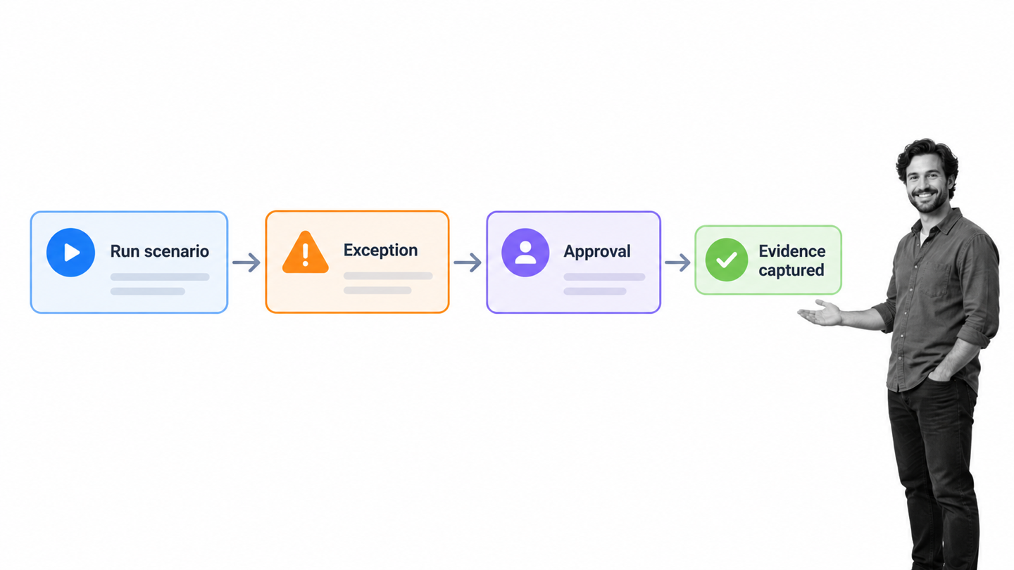 Controlled business process test run with an exception, approval, and captured evidence