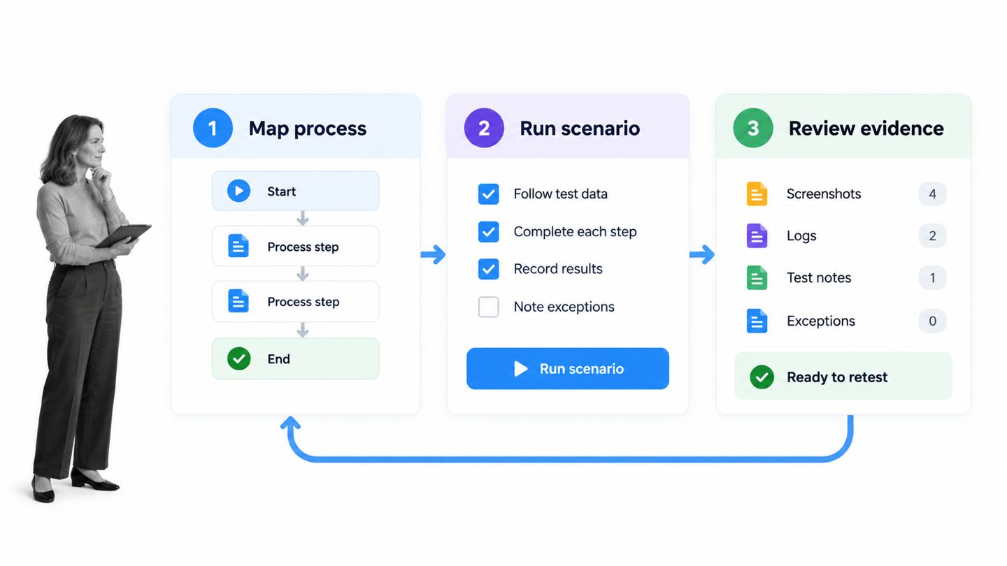 Business process testing loop from process mapping through scenario execution and evidence review