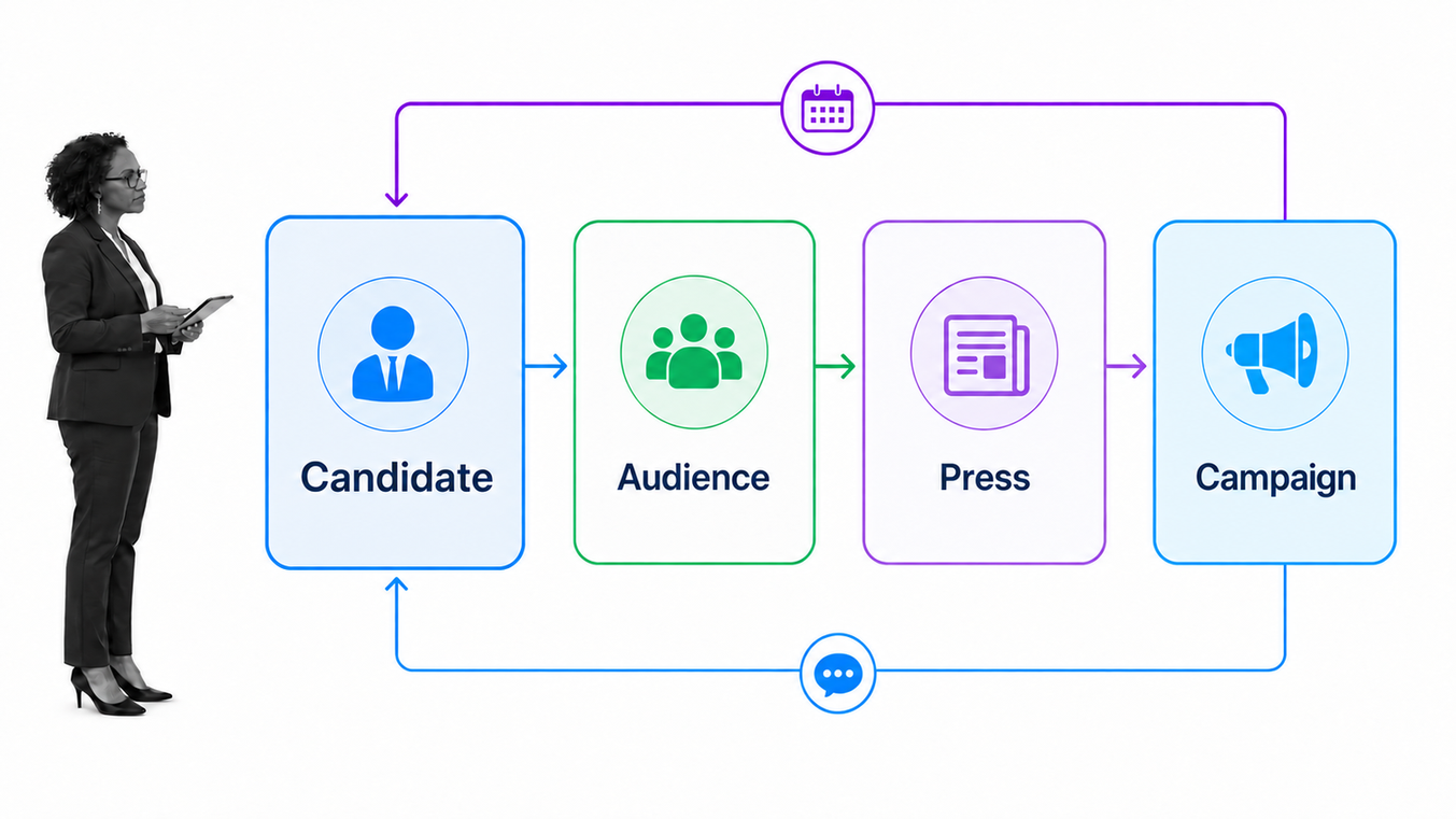 Campaign influence loop connecting candidate audience press and campaign operations