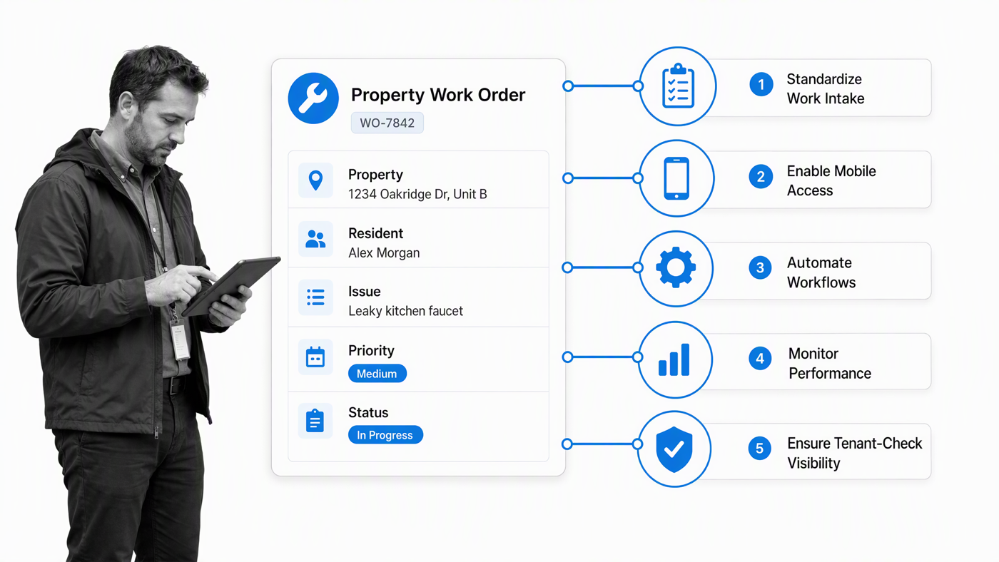 Property work order connected to five operational control checkpoints