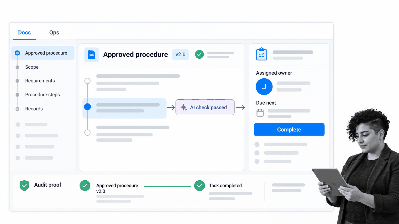 Governed procedures flowing through Docs Ops and built-in AI in one platform