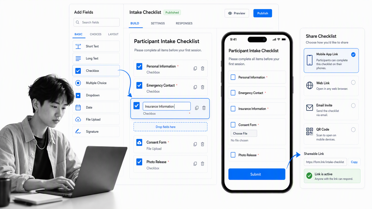 Jotform checklist app builder with fields and mobile preview