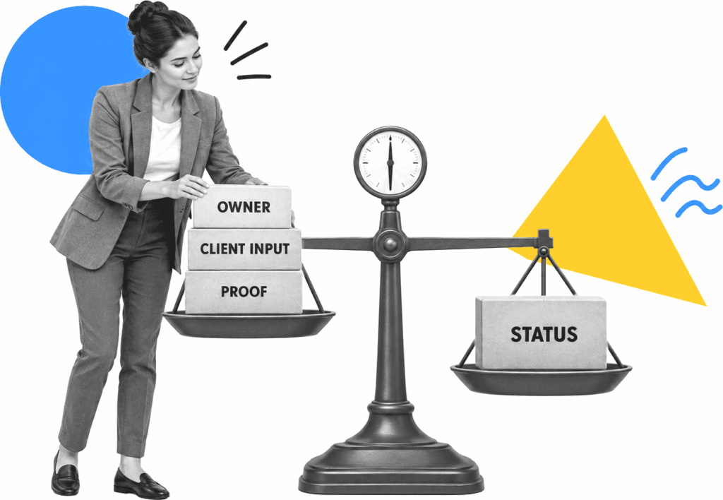 Professional-services partner balancing onboarding status against owner, client input, and proof.