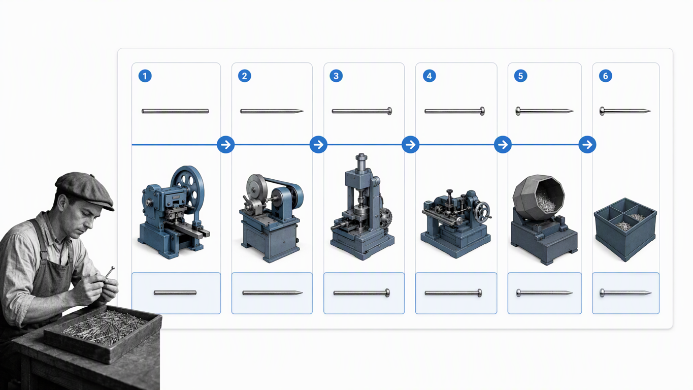 Pin manufacturing workflow divided into six visible stages