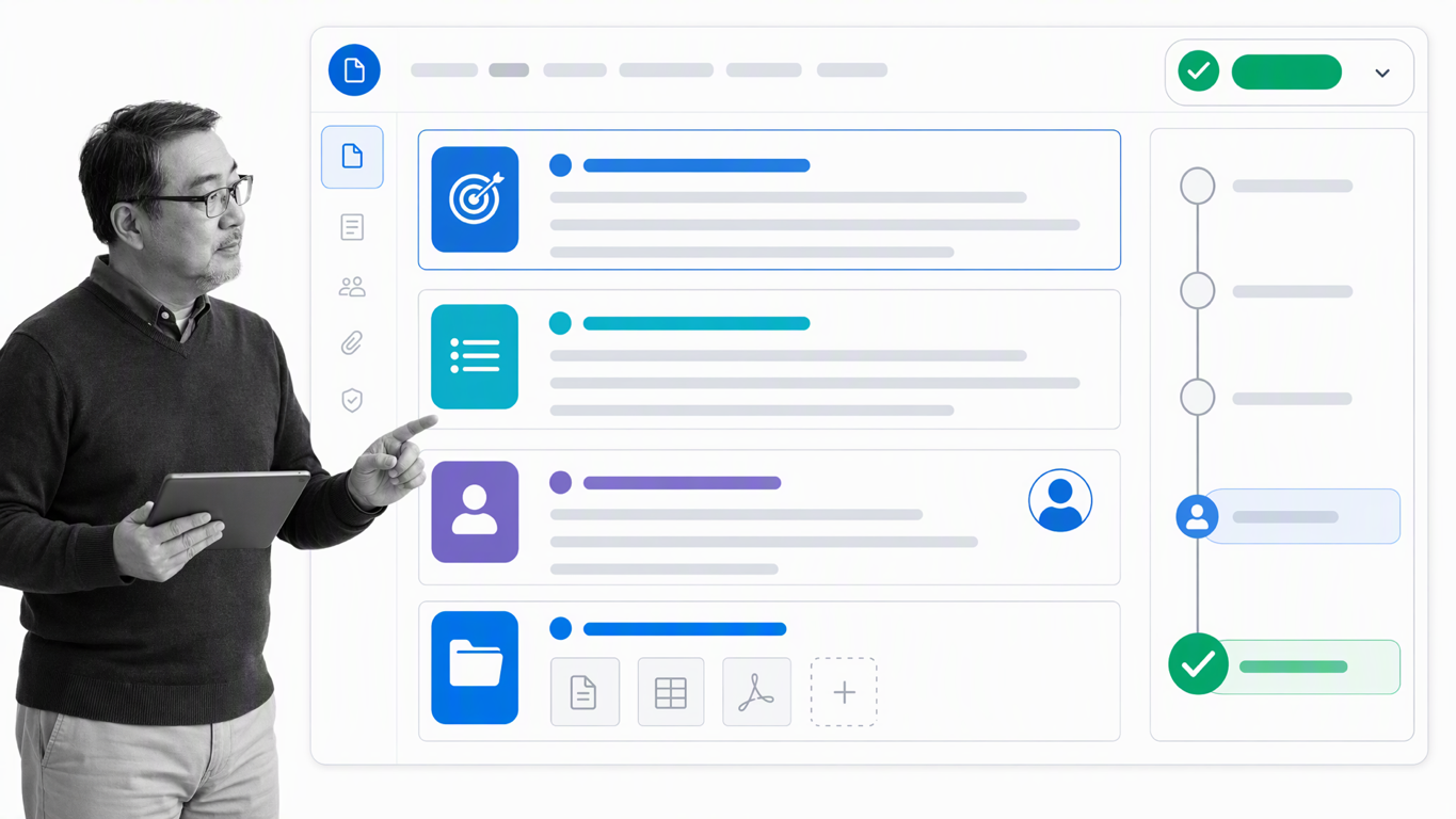 Workflow builder organizing owners, steps, and approvals
