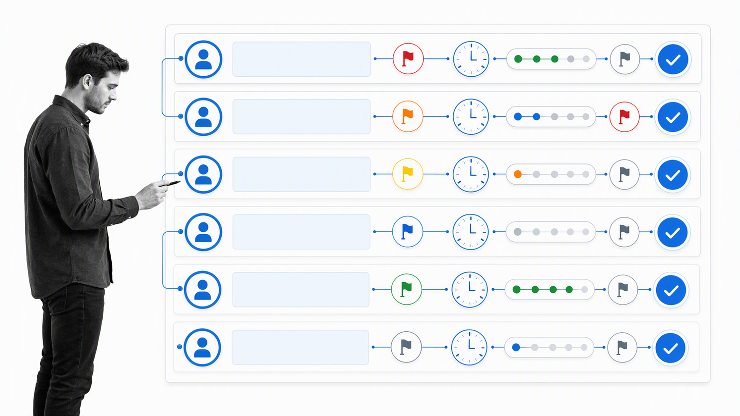 Employee task list with owner priority due date status blocker and completion controls
