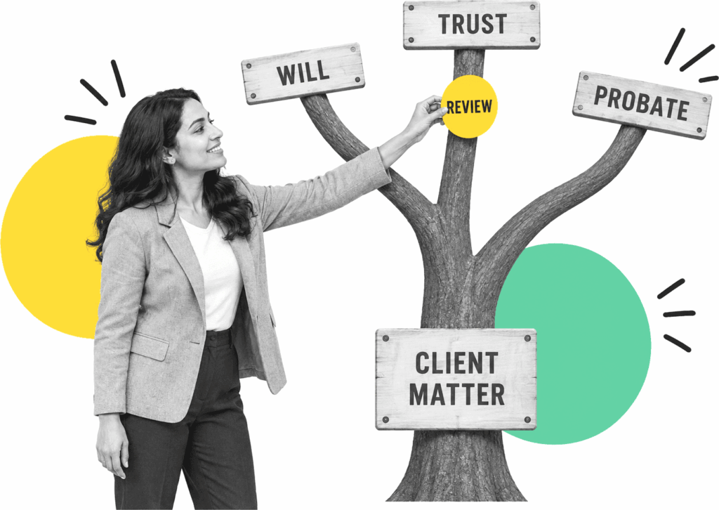 An estate planning paralegal places a review marker on a branching client matter workflow.