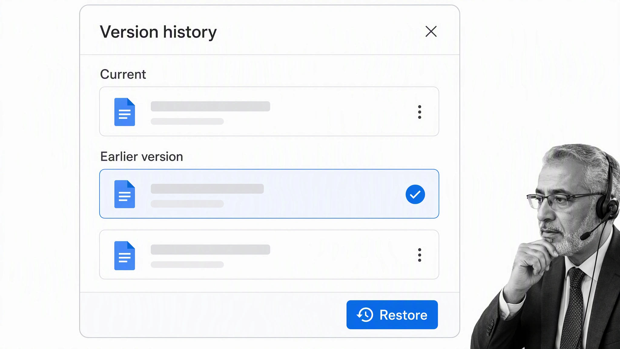 Google Drive version history panel showing a recoverable earlier file version