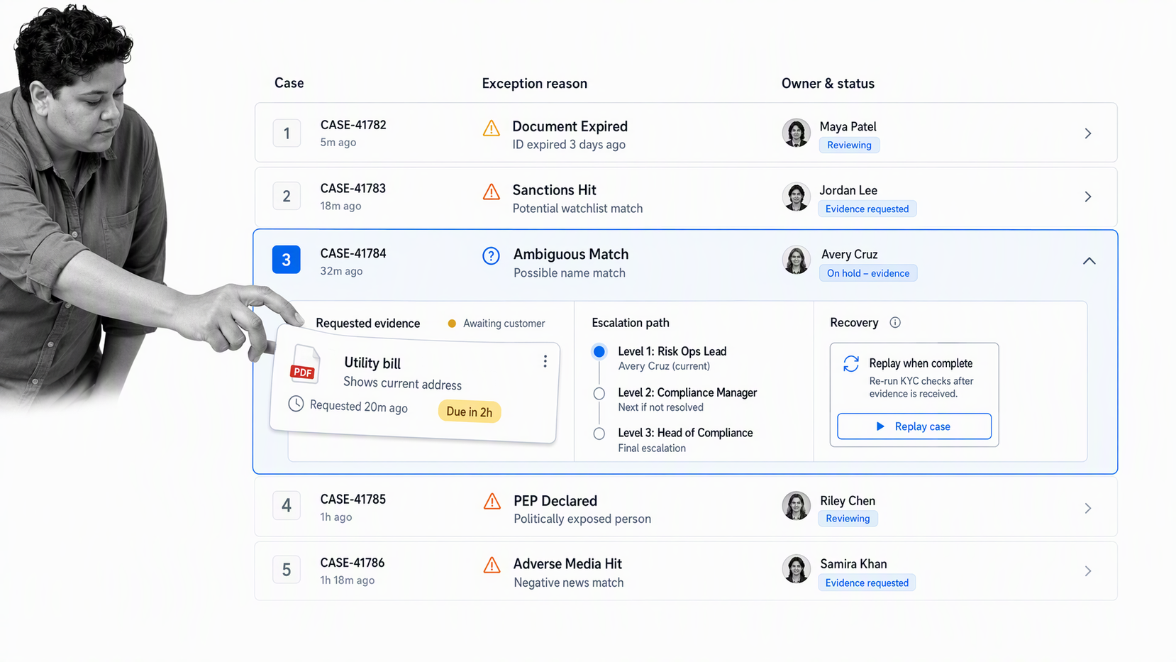 Fintech onboarding exception queue with evidence request, reviewer escalation, and safe replay