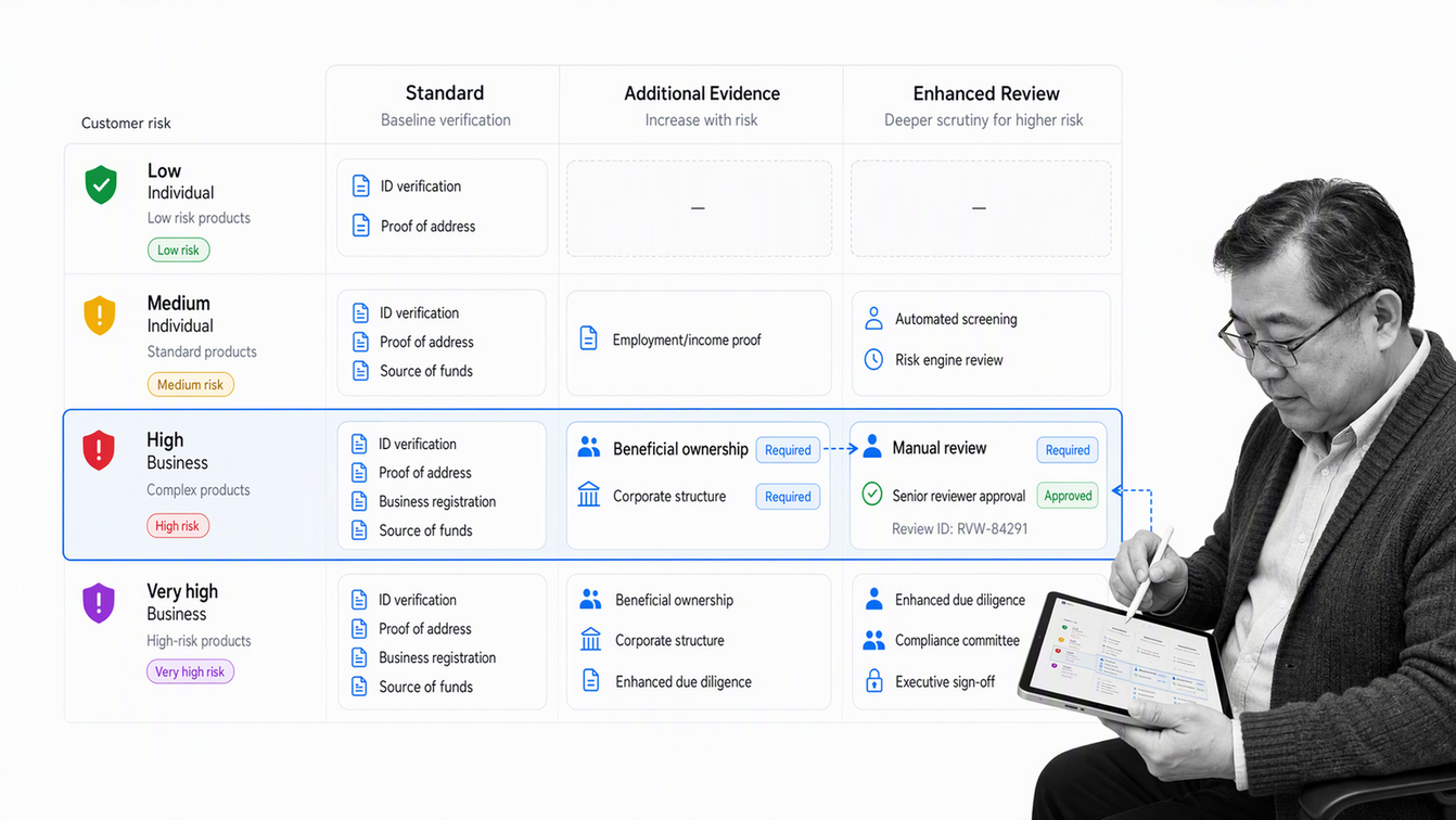 Risk-based fintech onboarding verification matrix showing standard and enhanced review paths