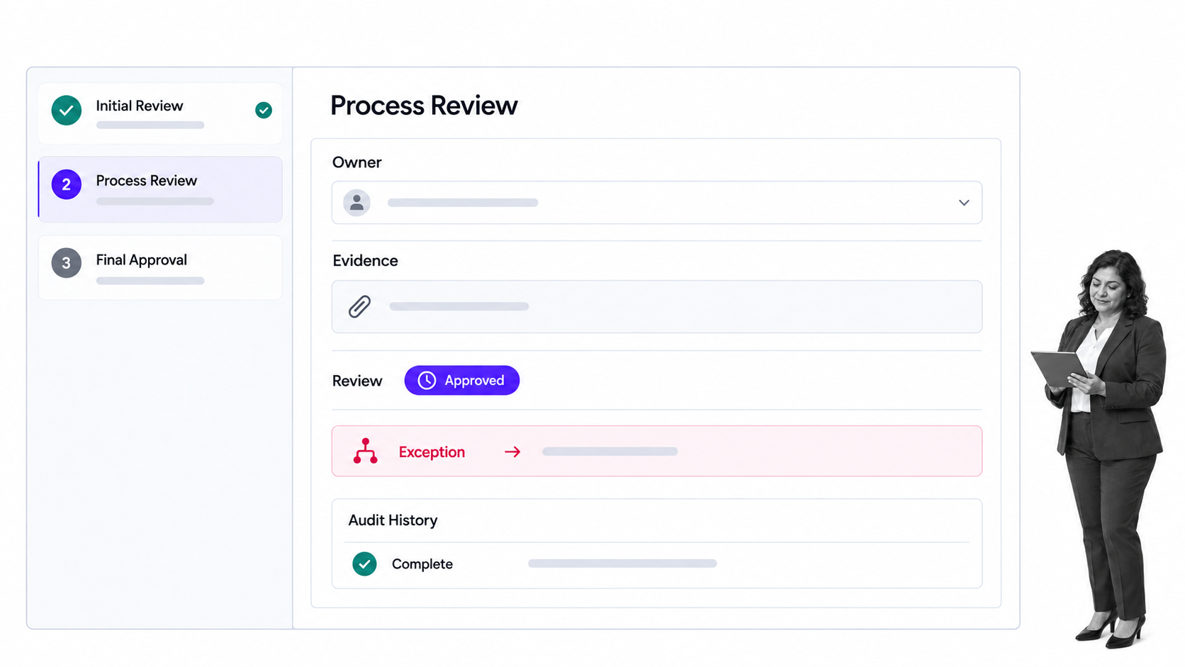Process Street BPM workflow run with owner, evidence, approval, exception route, and audit history