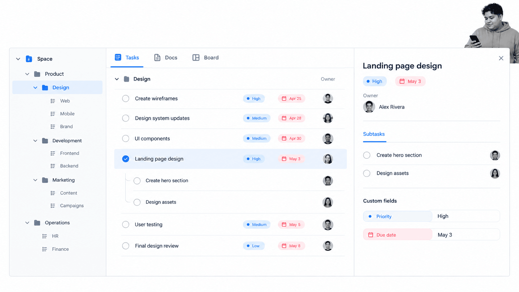 ClickUp free workflow app workspace with tasks and docs