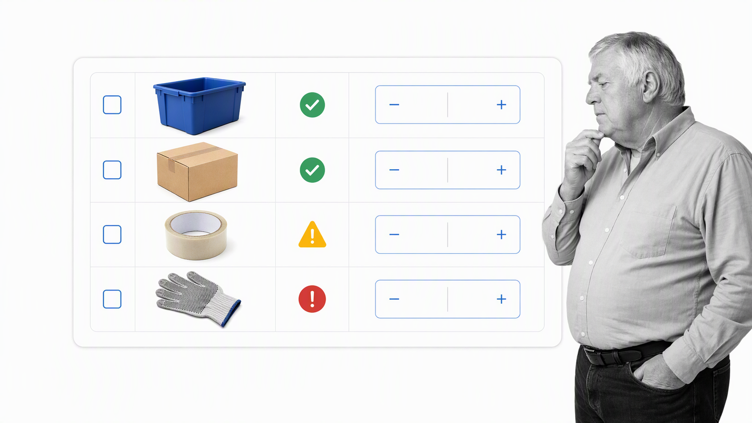 Inventory checklist with item counts and reorder status
