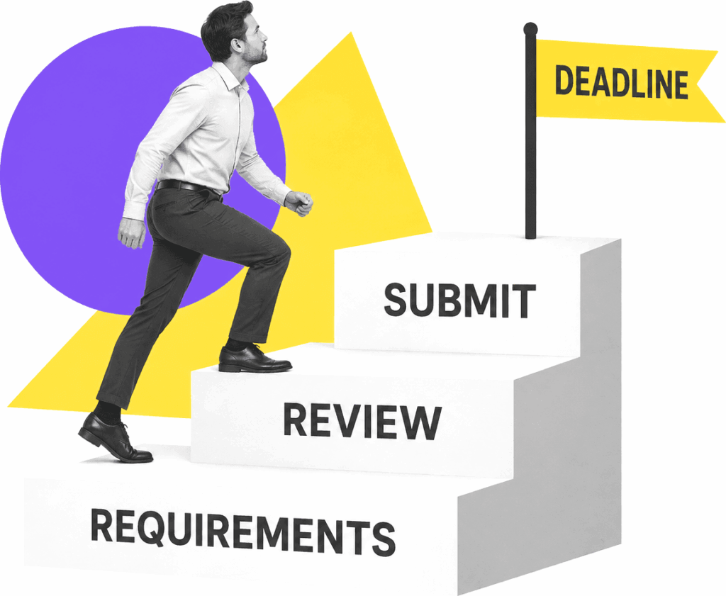 Proposal manager climbing labeled government RFP compliance checkpoints.