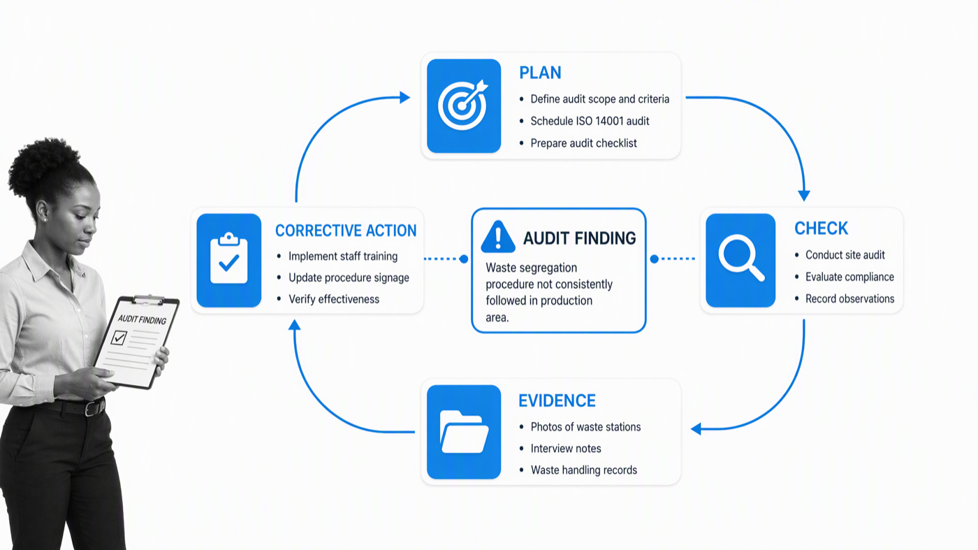 ISO 14001 audit cycle from planning through corrective action