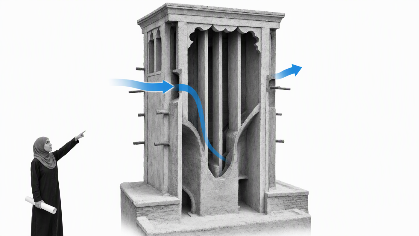 Traditional windcatcher showing cool-air intake and warm-air exhaust