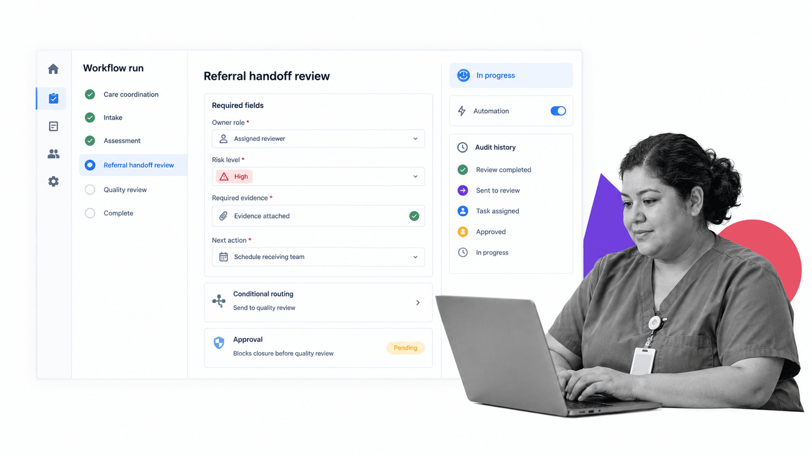 Process Street healthcare workflow workflow run with selected handoff review task