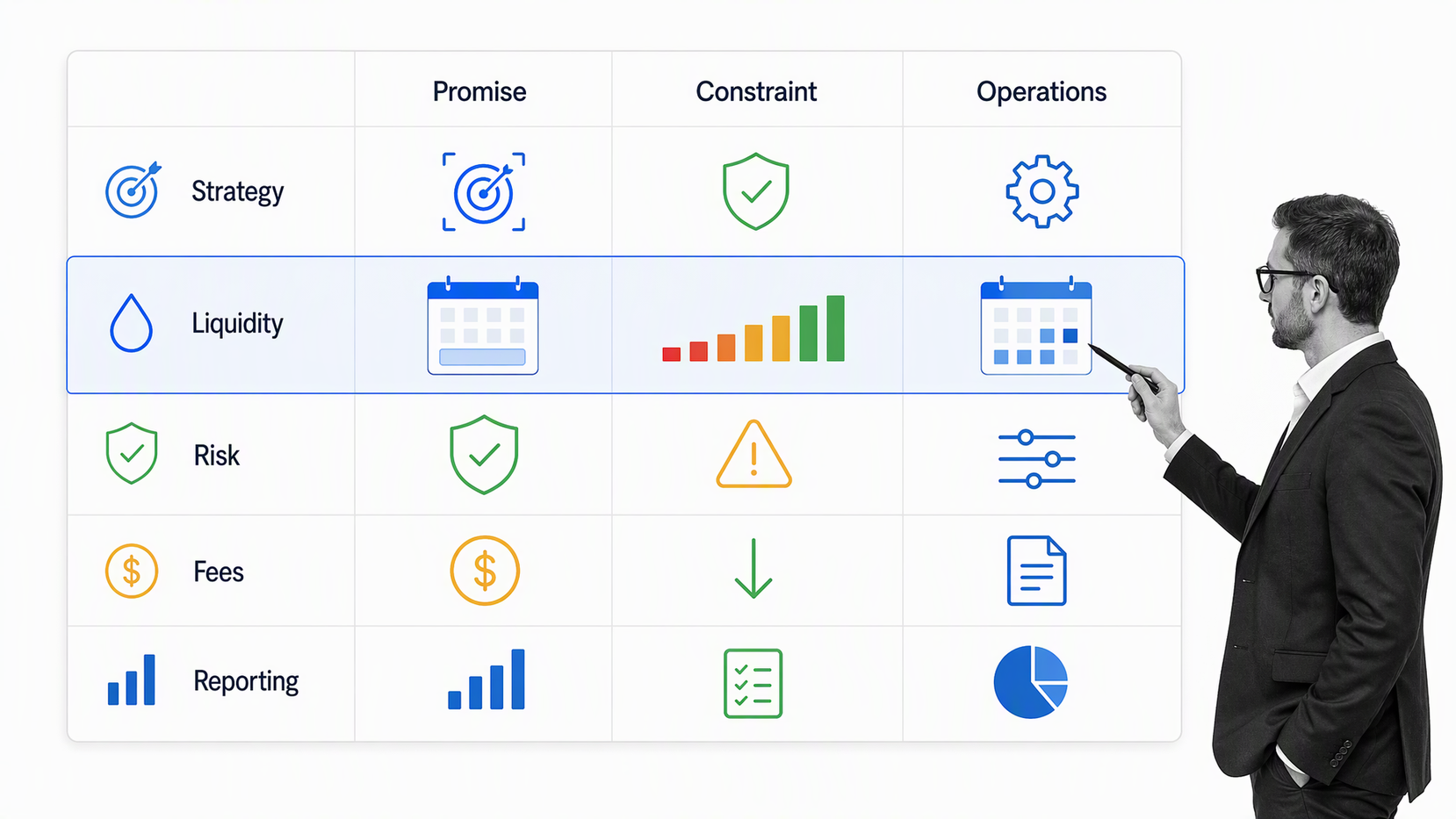 hedge fund product design matrix with a selected liquidity row