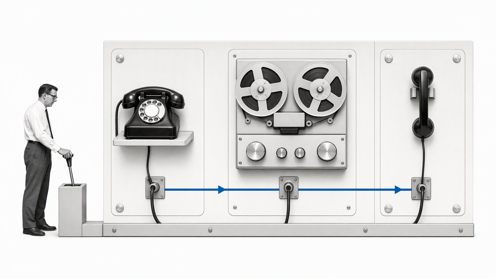 Historic telephone hold-program system connecting a rotary phone, audio recorder, and waiting caller