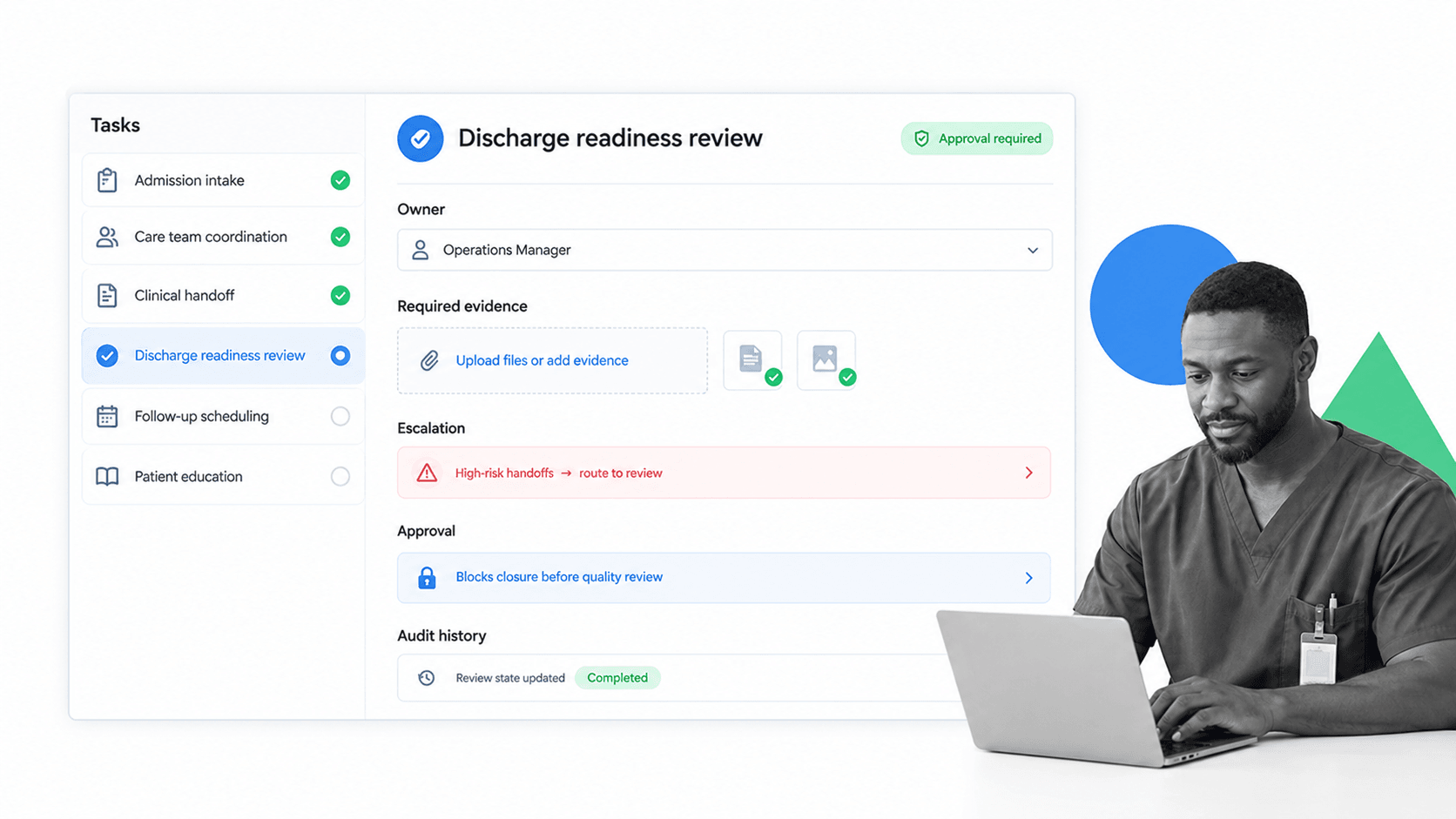 Process Street hospital process workflow run with selected handoff review task